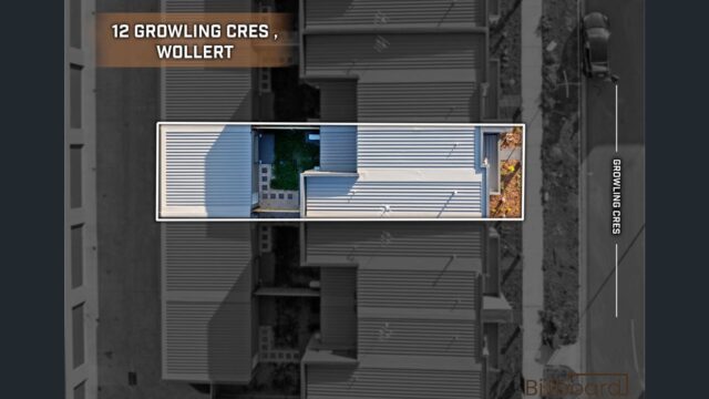 Aerial top view of the property at 12 Growling Crescent, Wollert showing lot outline, roof structure and surrounding street placement.