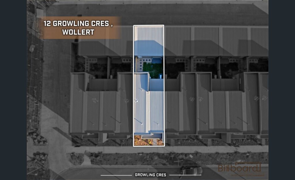 Top view of 12 Growling Crescent, Wollert highlighting the exact property boundary and land position within the townhouse row.