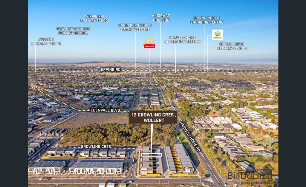 Aerial map view of 12 Growling Crescent, Wollert with surrounding schools, shops, childcare centres and key local amenities labelled.