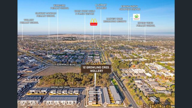 Aerial map view of 12 Growling Crescent, Wollert with surrounding schools, shops, childcare centres and key local amenities labelled.
