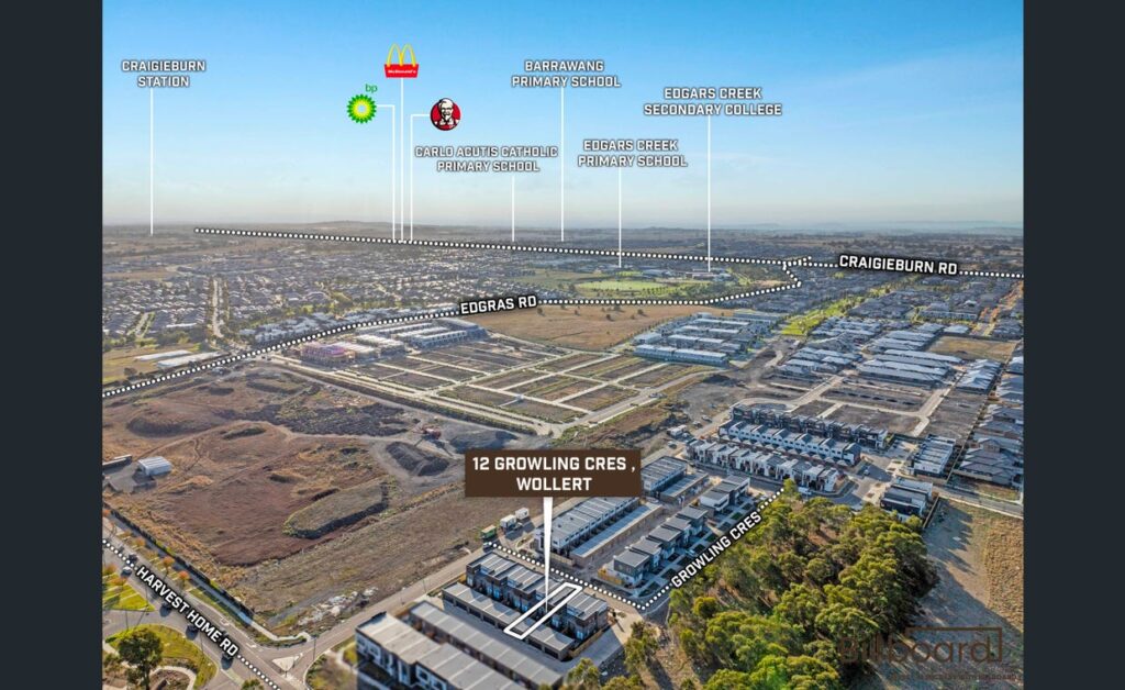 Aerial view showing 12 Growling Crescent, Wollert with surrounding estates, parks, community facilities and nearby amenities highlighted.