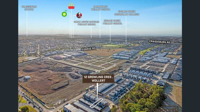 Aerial view showing 12 Growling Crescent, Wollert with surrounding estates, parks, community facilities and nearby amenities highlighted.