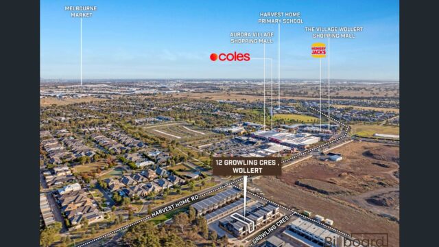 Aerial view of Wollert showing 12 Growling Crescent location with nearby shopping centres, residential estates and Coles supermarket highlighted.