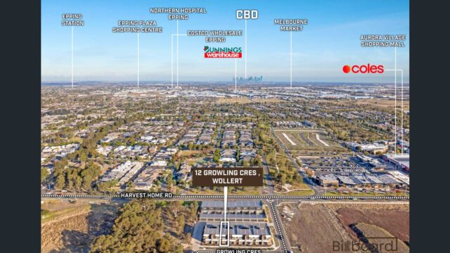 Aerial view of 12 Growling Crescent, Wollert showing nearby landmarks, shopping centres, Coles, Bunnings and Melbourne CBD in the distance.
