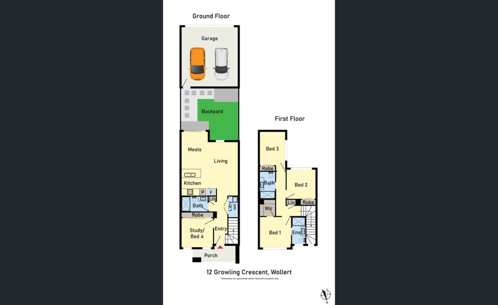 Property floor plan showing the layout of ground floor and first floor with bedrooms, bathrooms, living area, kitchen, study and garage at 12 Growling Crescent, Wollert.