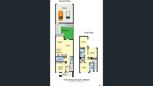 Property floor plan showing the layout of ground floor and first floor with bedrooms, bathrooms, living area, kitchen, study and garage at 12 Growling Crescent, Wollert.