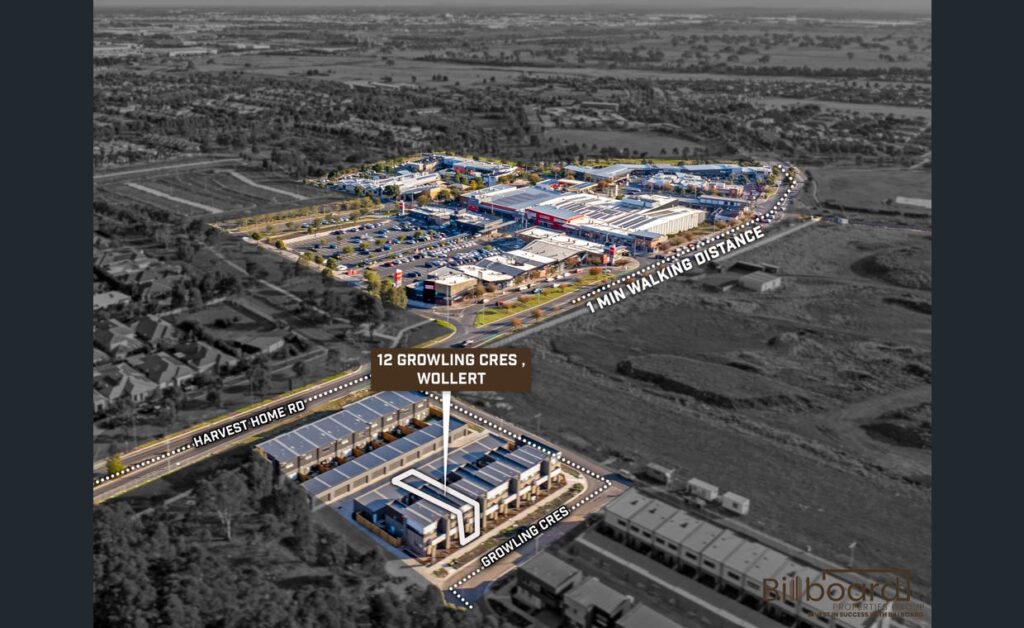 Aerial view showing 12 Growling Crescent, Wollert within close walking distance to major shopping precinct and surrounding residential development.