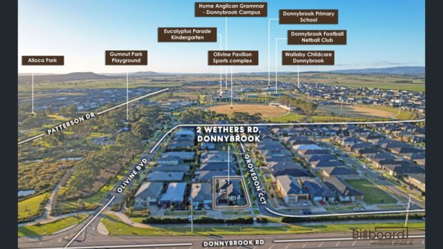 Aerial view of 2 Wethers Rd Donnybrook showing surrounding residential homes, nearby roads, parks, kindergartens, schools, sports complexes and community facilities marked with location labels in the distance.