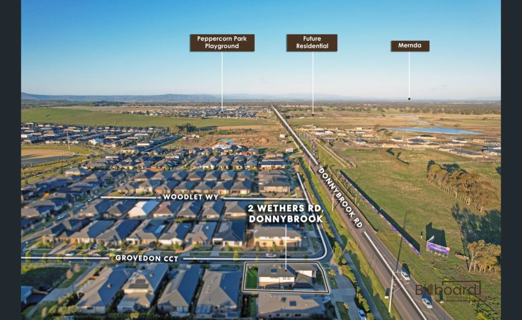 Aerial perspective of 2 Wethers Rd Donnybrook showing residential neighbourhood homes, nearby roads, open green land, railway tracks and labelled future developments such as playgrounds, residential areas and amenities in the surrounding region.