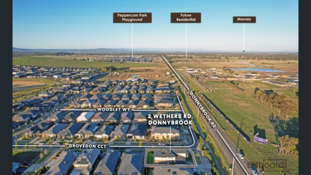 Aerial perspective of 2 Wethers Rd Donnybrook showing residential neighbourhood homes, nearby roads, open green land, railway tracks and labelled future developments such as playgrounds, residential areas and amenities in the surrounding region.