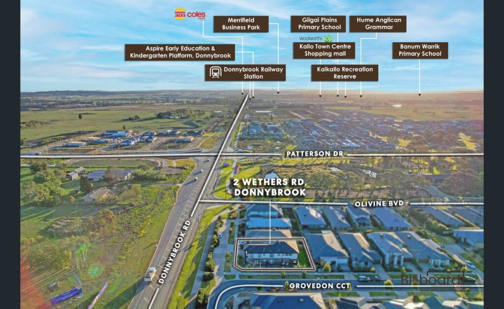Aerial view showcasing the location of 2 Wethers Rd Donnybrook with surrounding infrastructure and key amenities labelled, including schools, business parks, recreation reserve, shopping centres and Donnybrook Railway Station, providing an overview of nearby community facilities and future development.