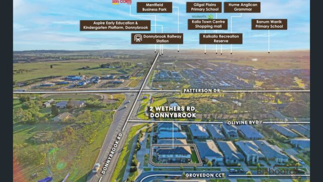 Aerial view showcasing the location of 2 Wethers Rd Donnybrook with surrounding infrastructure and key amenities labelled, including schools, business parks, recreation reserve, shopping centres and Donnybrook Railway Station, providing an overview of nearby community facilities and future development.