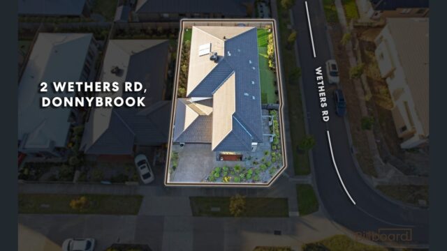 Aerial top-down view of a modern residential property outlined on the block of land, showing the roof layout, surrounding yard space, neighbouring houses, street frontage and “2 Wethers Rd, Donnybrook” text label indicating the property location.