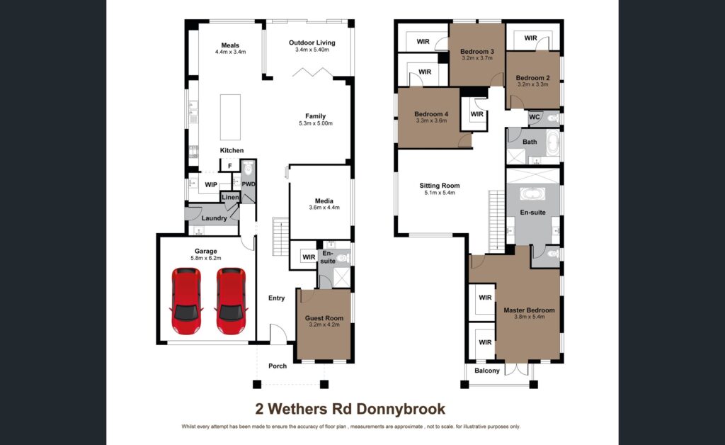 Two-storey house floor plan for 2 Wethers Rd Donnybrook, showing ground floor layout with garage, kitchen, dining, living, guest room and outdoor living area, and upper floor layout featuring master bedroom with walk-in robe, additional bedrooms, bathrooms, and a family retreat space. Measurements are indicated and the plan is not to scale.