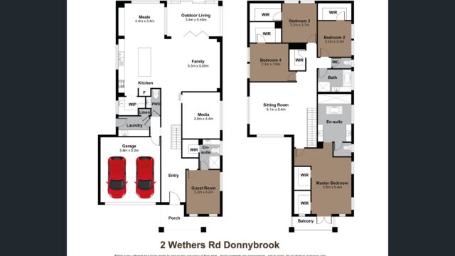 Two-storey house floor plan for 2 Wethers Rd Donnybrook, showing ground floor layout with garage, kitchen, dining, living, guest room and outdoor living area, and upper floor layout featuring master bedroom with walk-in robe, additional bedrooms, bathrooms, and a family retreat space. Measurements are indicated and the plan is not to scale.