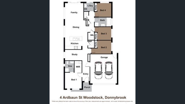 Floor plan layout of 4 Ardbaun Street, Woodstock Donnybrook showing bedrooms, bathrooms, family area, dining, kitchen, study and double garage.