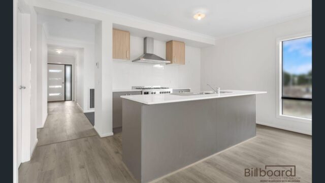 Contemporary kitchen with stone island bench, stainless steel oven and rangehood, modern cabinetry and light timber flooring in a Melbourne home.