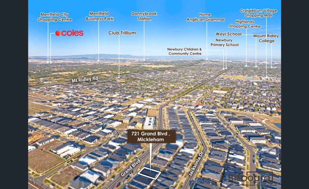 Aerial view of residential area in Mickleham, Victoria, showing streets and nearby landmarks.