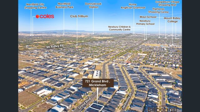 Aerial view of residential area in Mickleham, Victoria, showing streets and nearby landmarks.