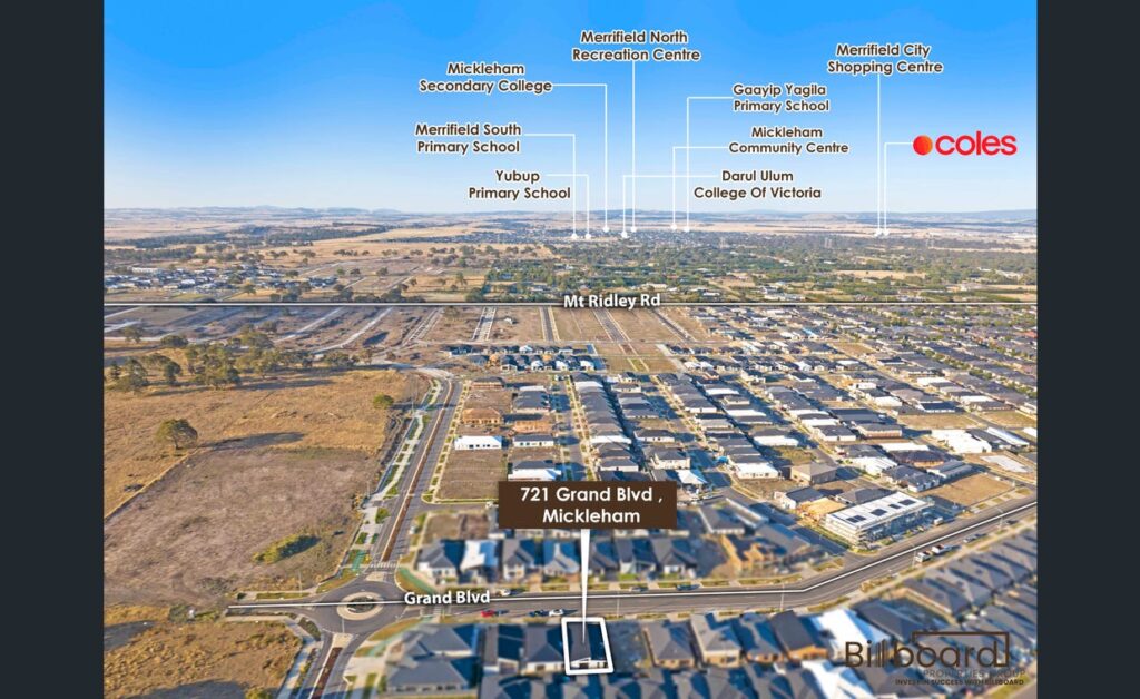 Aerial view showing 721 Grand Boulevard in Mickleham with nearby schools and recreational facilities labeled.