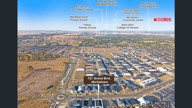 Aerial view showing 721 Grand Boulevard in Mickleham with nearby schools and recreational facilities labeled.