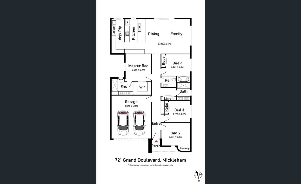 Detailed floor plan layout of a residential property at 721 Grand Boulevard, Mickleham.