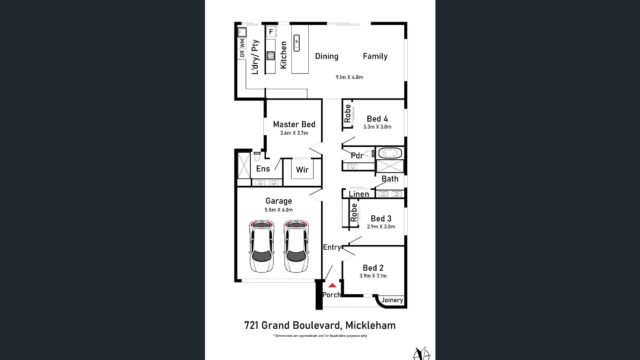 Detailed floor plan layout of a residential property at 721 Grand Boulevard, Mickleham.