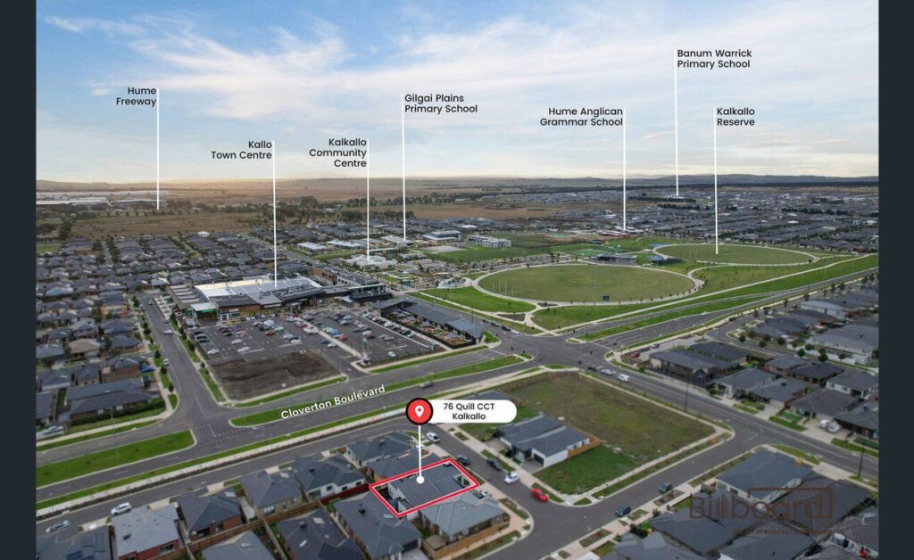 Aerial view of a suburban residential area showing houses, streets, and a large central park space, with nearby schools, community centres, and amenities labelled in the distance. The location of 76 Quill Cct Kalkallo is highlighted in the foreground.