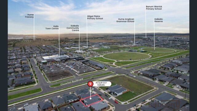 Aerial view of a suburban residential area showing houses, streets, and a large central park space, with nearby schools, community centres, and amenities labelled in the distance. The location of 76 Quill Cct Kalkallo is highlighted in the foreground.