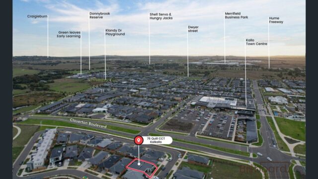 Aerial view of a suburban neighbourhood showing residential homes, roads, open green spaces and nearby facilities marked with labels such as schools, playgrounds, convenience stores and shopping areas, with the location of 76 Quill Cct Kalkallo highlighted in the center.