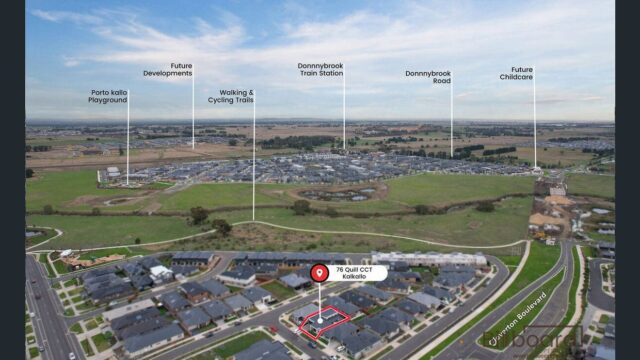 Aerial view of a suburban estate with residential houses, green open land, road networks and infrastructure markers pointing to future developments such as schools, playgrounds, cycling trails, and Donnybrook Train Station, with the highlighted location of 76 Quill Cct Kalkallo shown in the center.