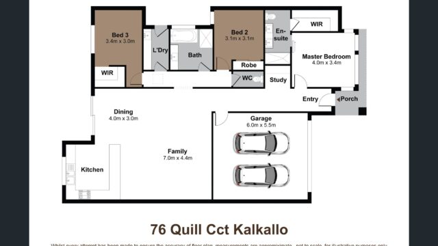 Floor plan layout of a single-storey home at 76 Quill Cct Kalkallo, featuring a master bedroom with walk-in robe, two additional bedrooms, shared bathroom, separate laundry, open plan kitchen, dining and family area, study space, front porch entry and a double garage. Measurements are indicated for each room and the plan is not to scale.
